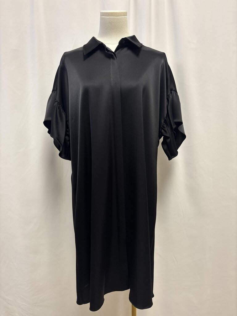 alice + olivia Black Satin Ruffle Sleeve Shirt Dress