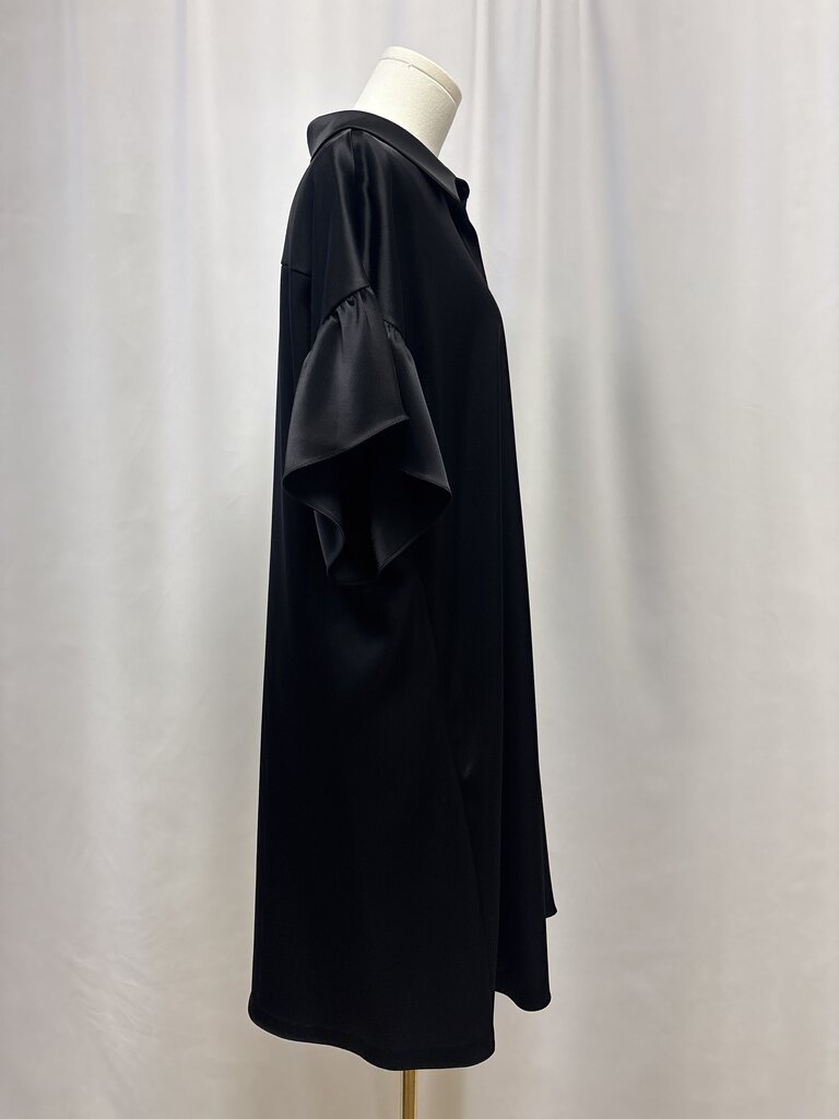 alice + olivia Black Satin Ruffle Sleeve Shirt Dress