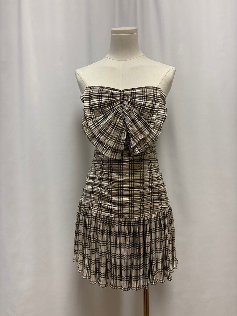 Ramy Brook Gold Metallic Plaid Bow Mini Dress NWT