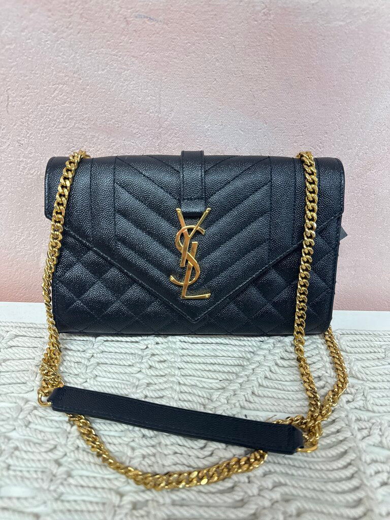 YSL Black Envelope Small Quilted Grain de Poudre Crossbody w/Box