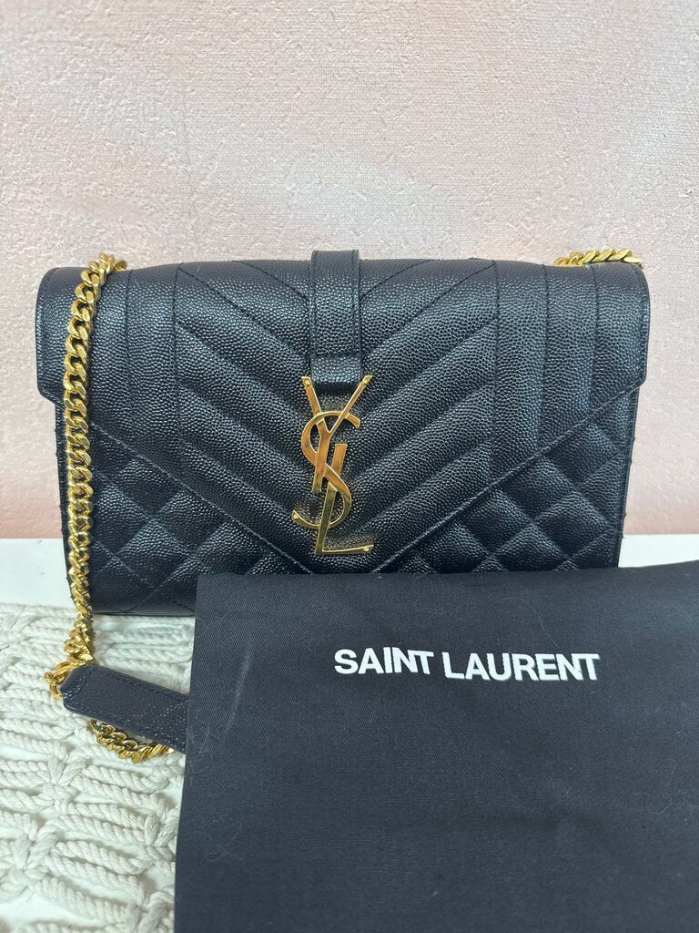 YSL Black Envelope Small Quilted Grain de Poudre Crossbody w/Box