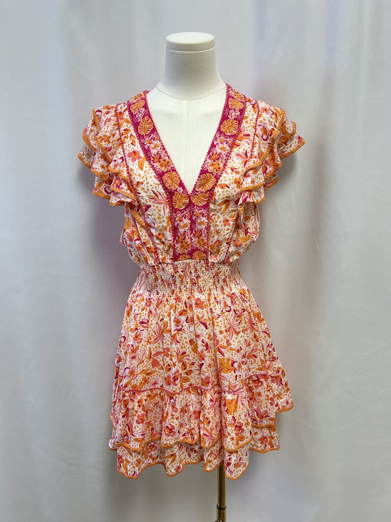 Poupette St Barth Orange Floral Ruffle Dress