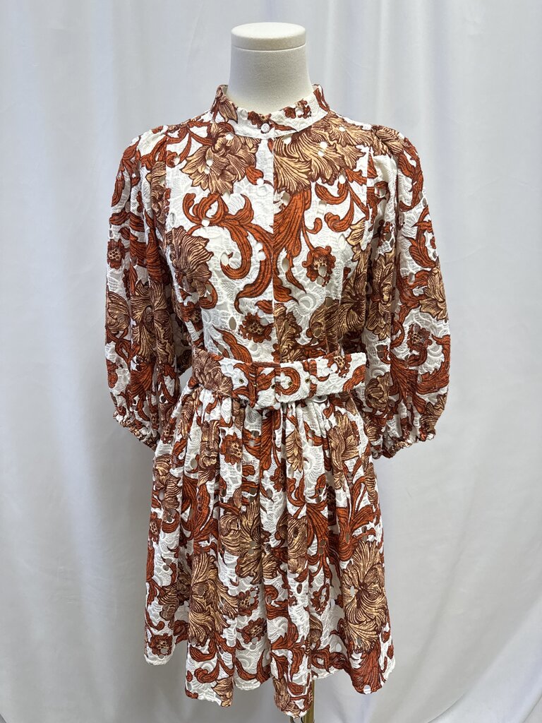 Double J Brown Floral Eyelet Belted Dress