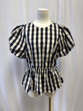 Tanya Taylor Black and White Gingham Puff Sleeve Peplum Top