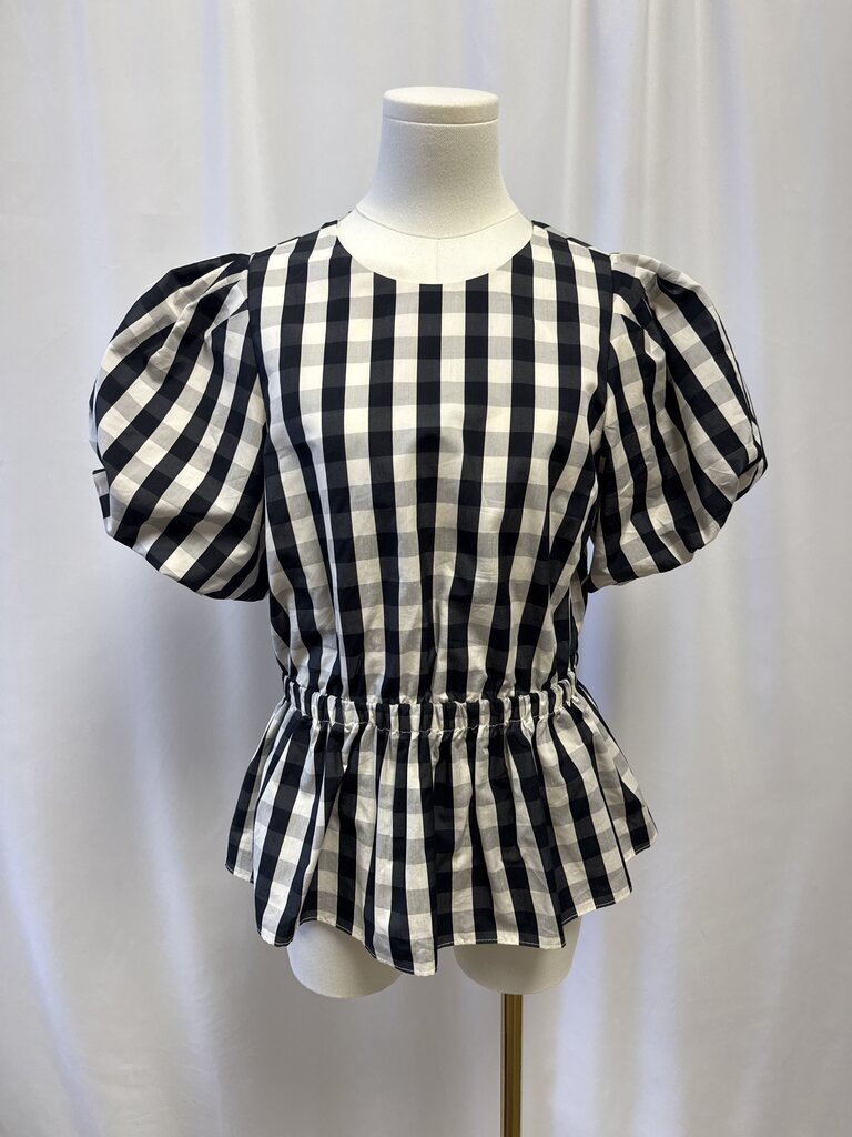Tanya Taylor Black and White Gingham Puff Sleeve Peplum Top