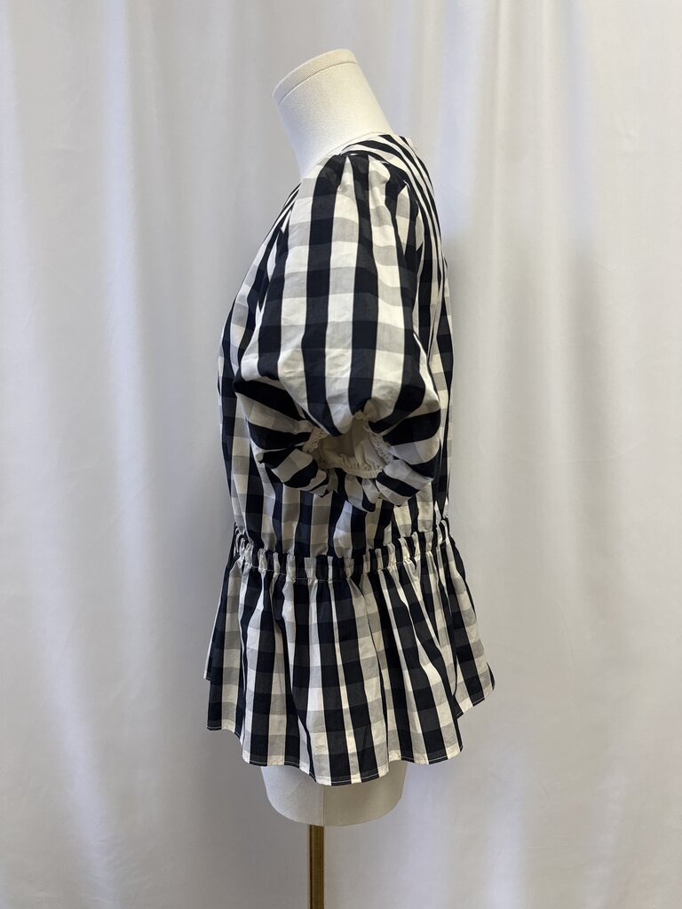 Tanya Taylor Black and White Gingham Puff Sleeve Peplum Top