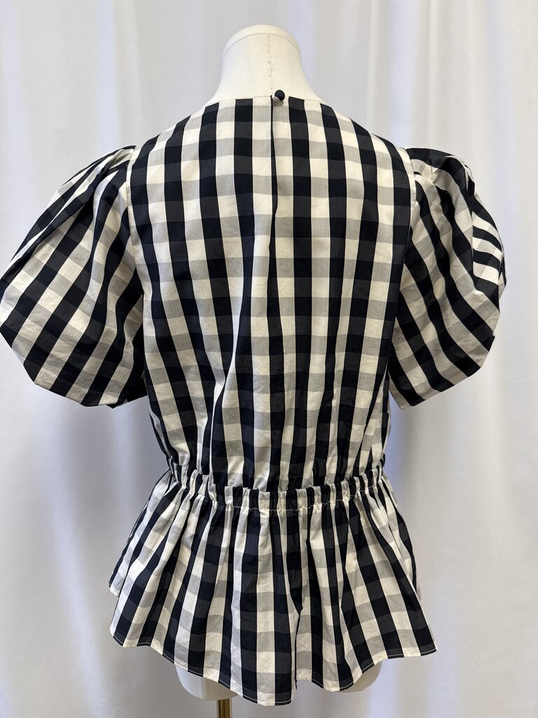 Tanya Taylor Black and White Gingham Puff Sleeve Peplum Top