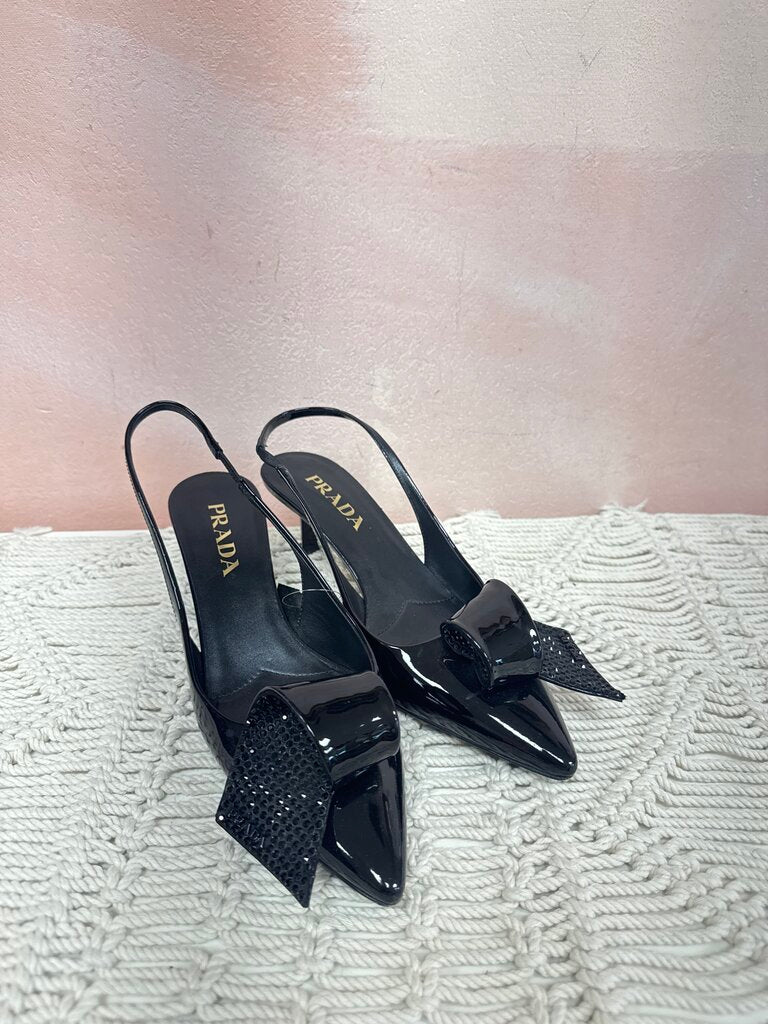 Prada Black Patent Embellished Slingback