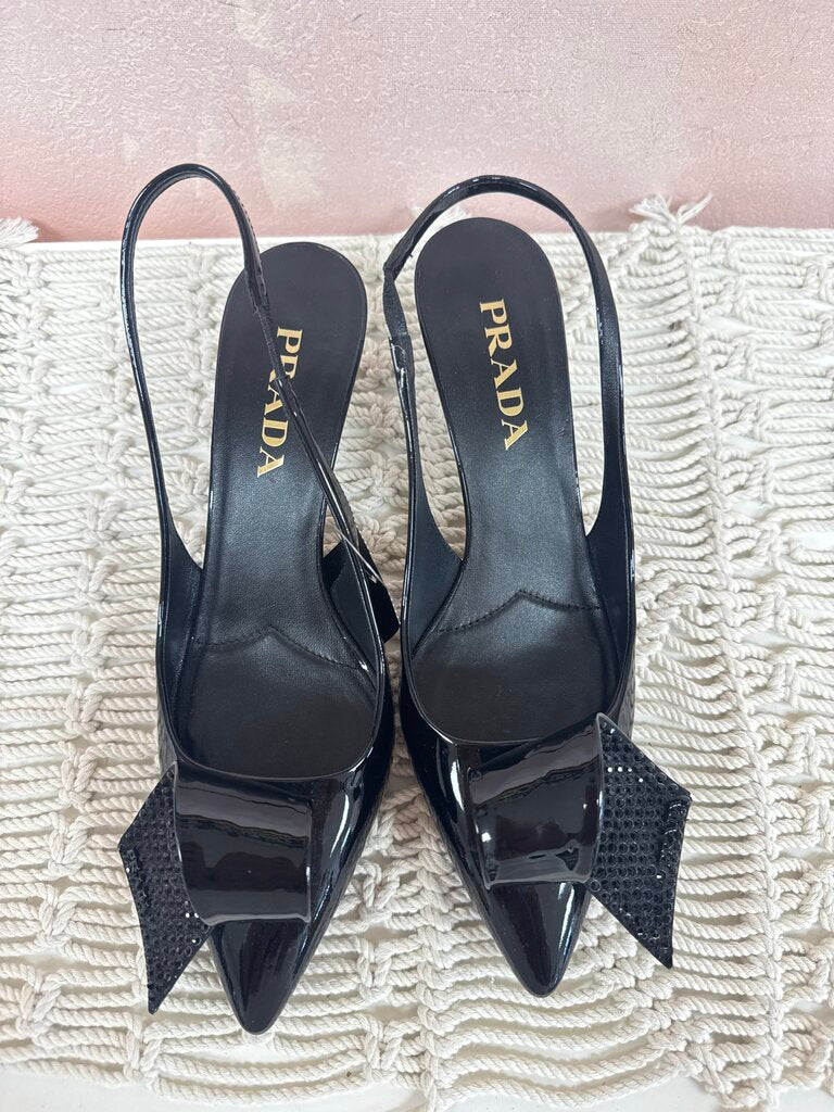 Prada Black Patent Embellished Slingback