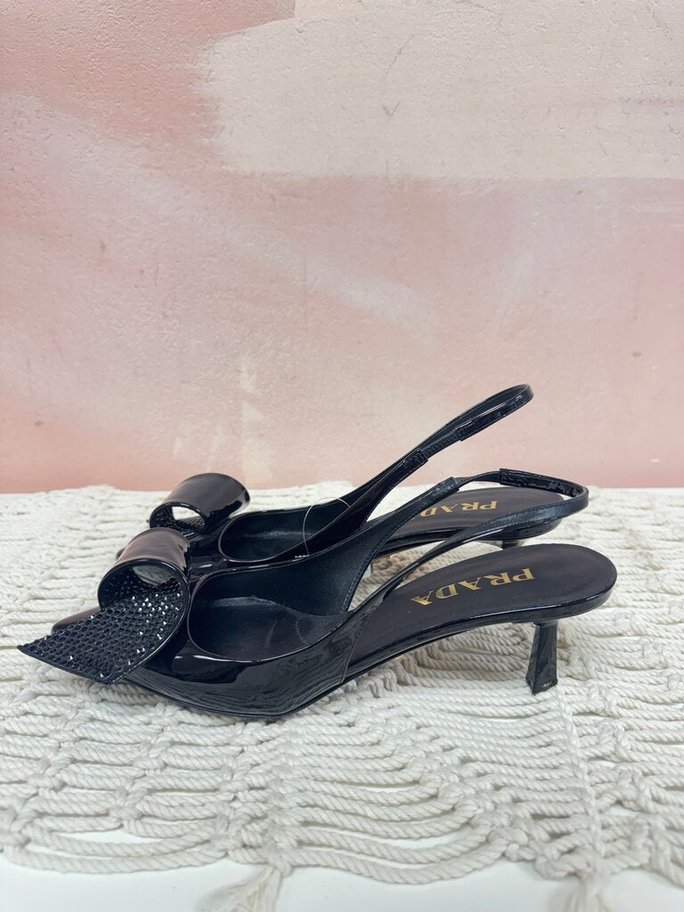 Prada Black Patent Embellished Slingback