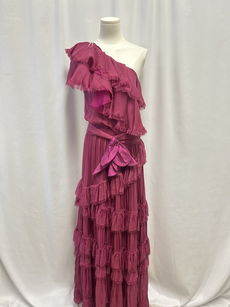 Johanna Ortiz Plum Silk Ruffled Gown w/Belt