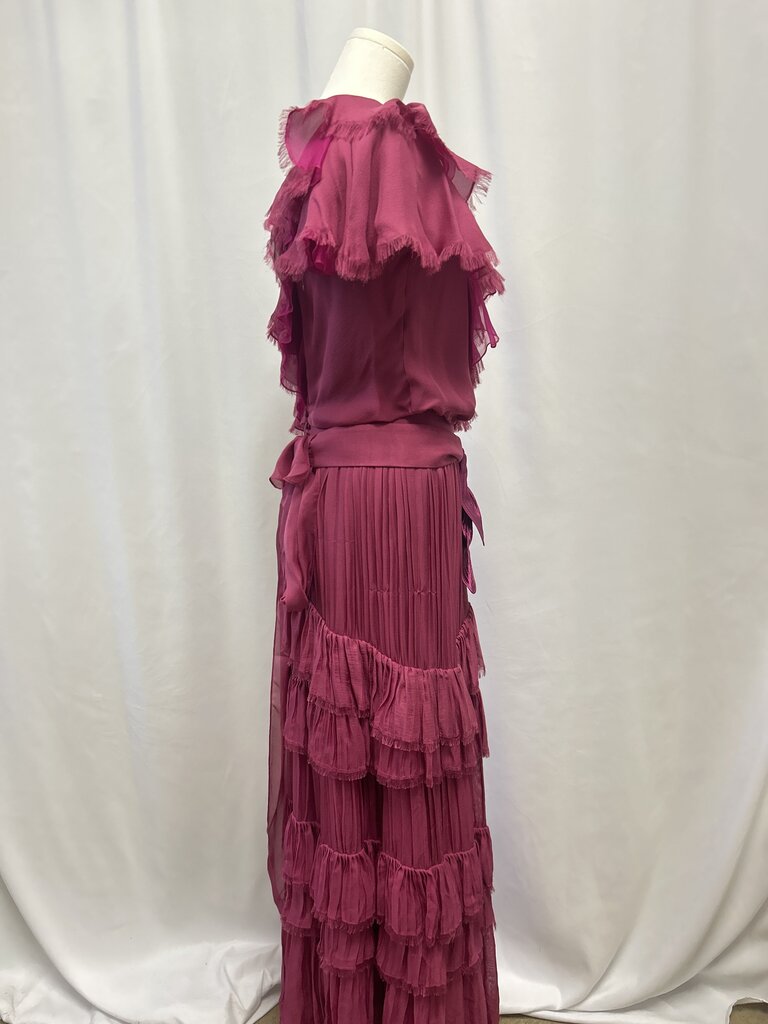 Johanna Ortiz Plum Silk Ruffled Gown w/Belt