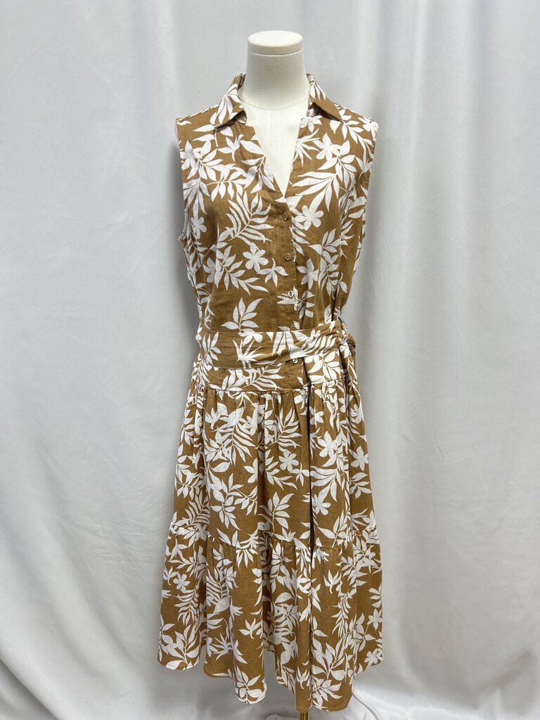 Elie Tahari Brown Floral Linen Belted Dress