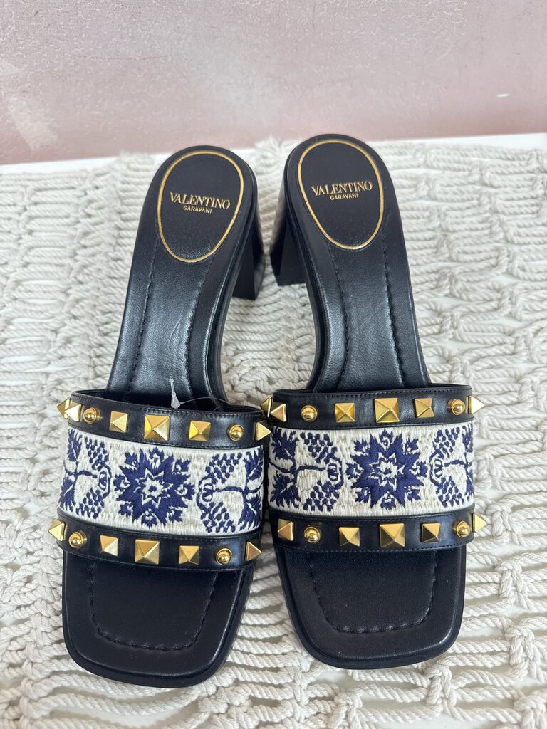 Valentino Rockstud Tapestry Block Heel Sandal