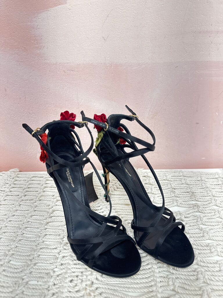 Dolce & Gabbana Black Satin Rose Embellished Heels