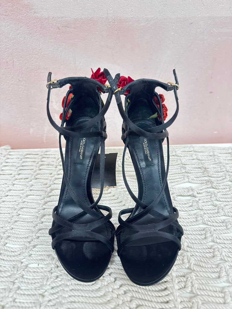 Dolce & Gabbana Black Satin Rose Embellished Heels