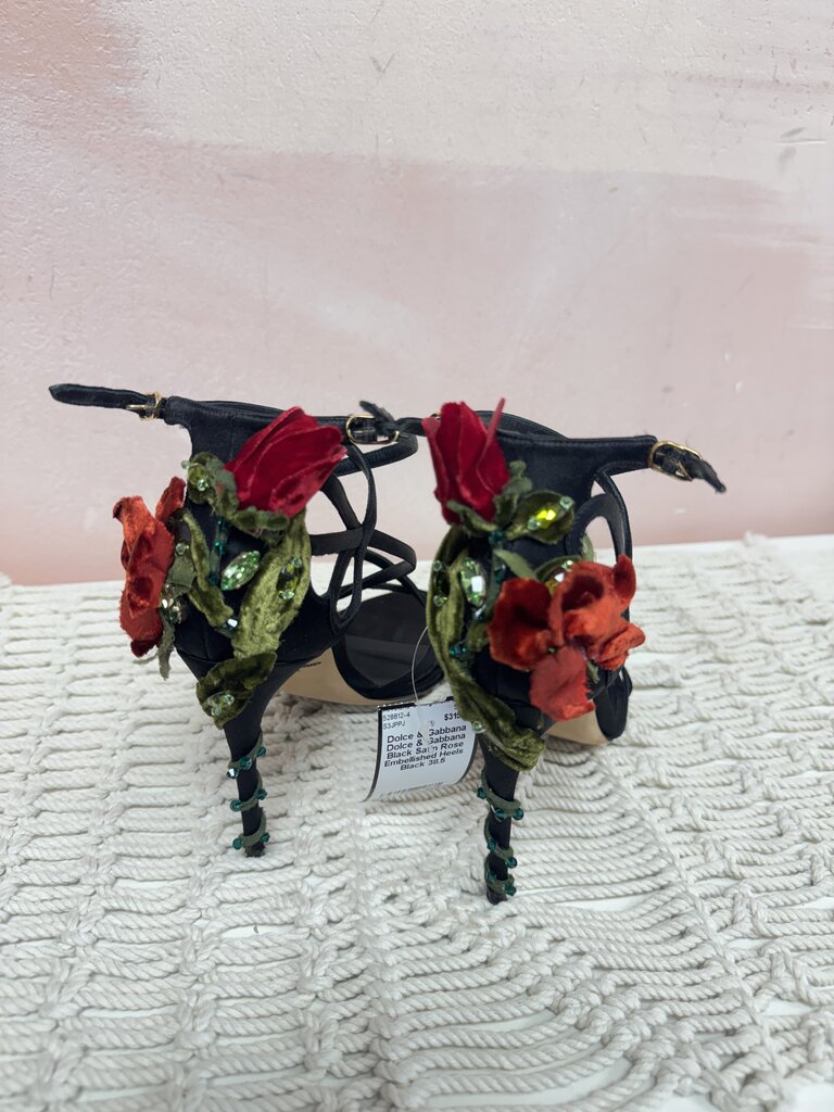 Dolce & Gabbana Black Satin Rose Embellished Heels
