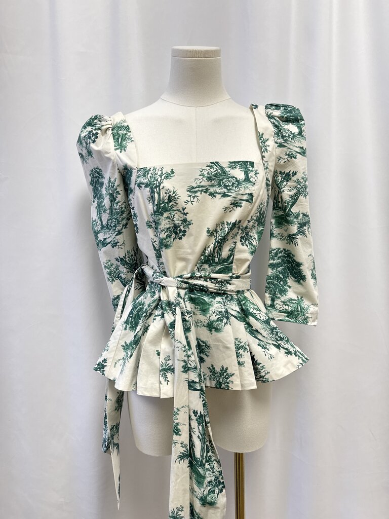 Cara Cara Green Toile Puff Sleeve Top