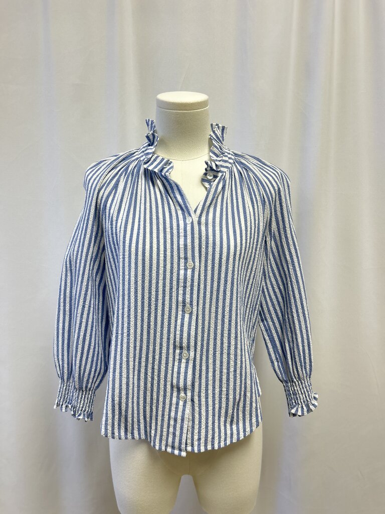 Veronica Beard Blue Striped RUffle Collar Top