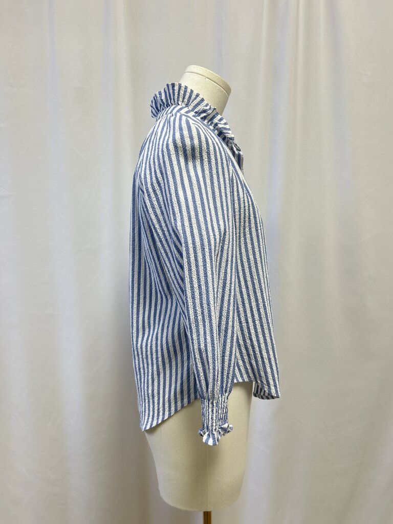 Veronica Beard Blue Striped RUffle Collar Top