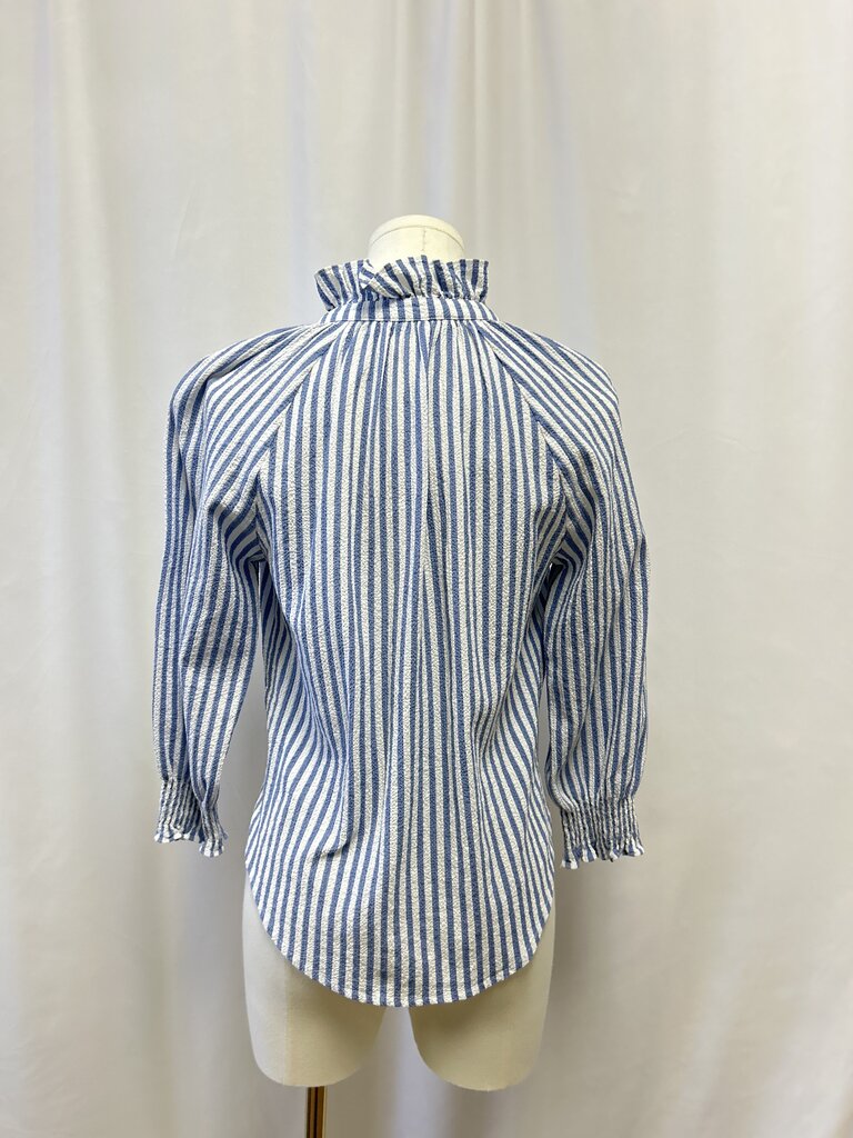 Veronica Beard Blue Striped RUffle Collar Top