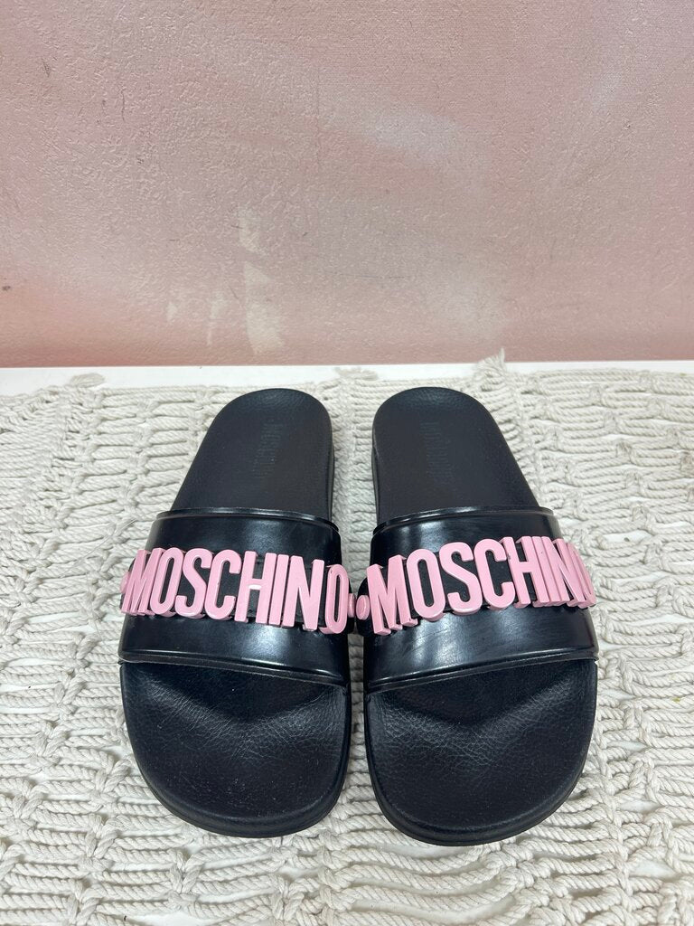 Moschino Black and Pink Logo Slides w/Box