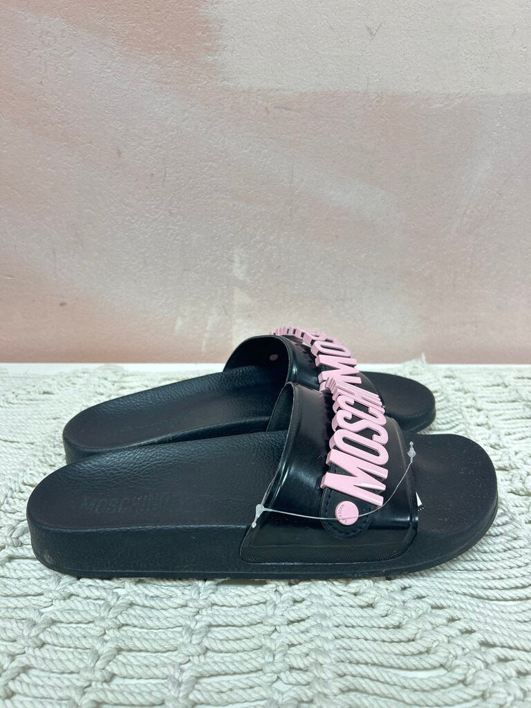 Moschino Black and Pink Logo Slides w/Box
