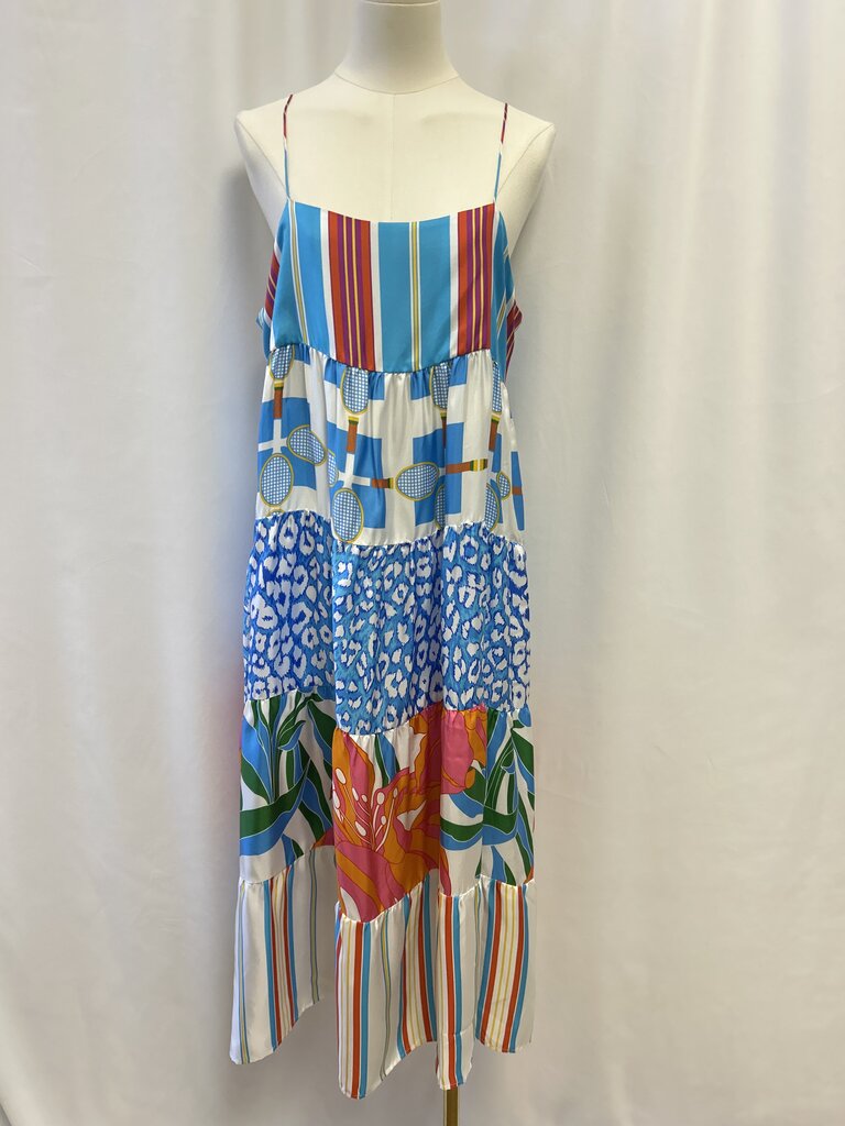 La Prestic Ouiston Blue Tennis Racquet Patterned Silk Sundress