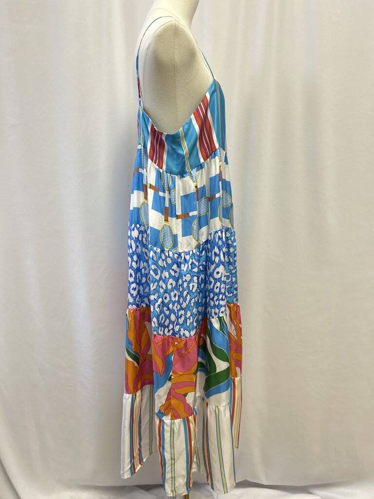 La Prestic Ouiston Blue Tennis Racquet Patterned Silk Sundress