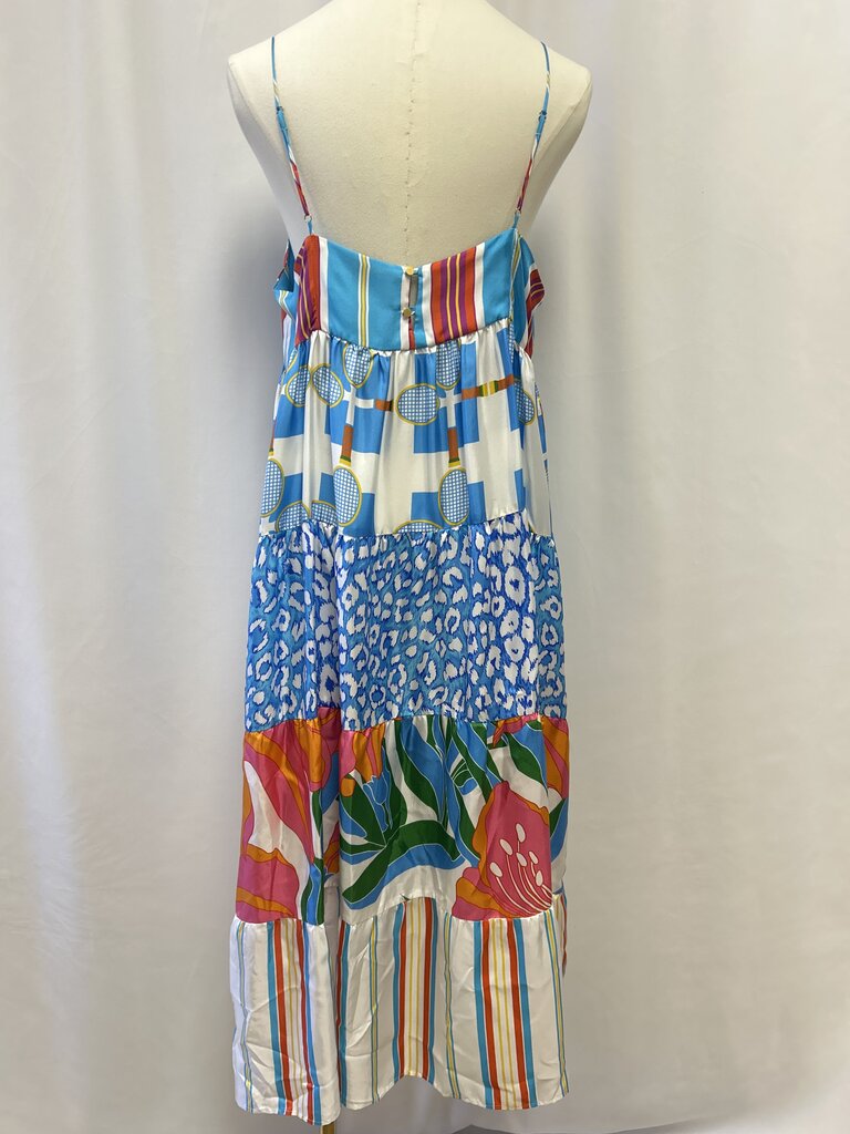 La Prestic Ouiston Blue Tennis Racquet Patterned Silk Sundress