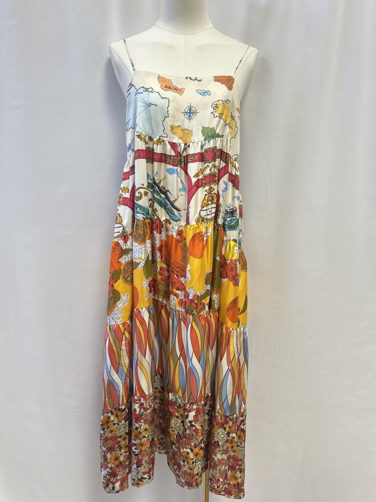 La Prestic Ouiston Yellow Maps Printed Silk Dress