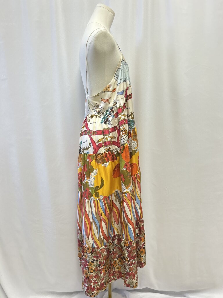 La Prestic Ouiston Yellow Maps Printed Silk Dress
