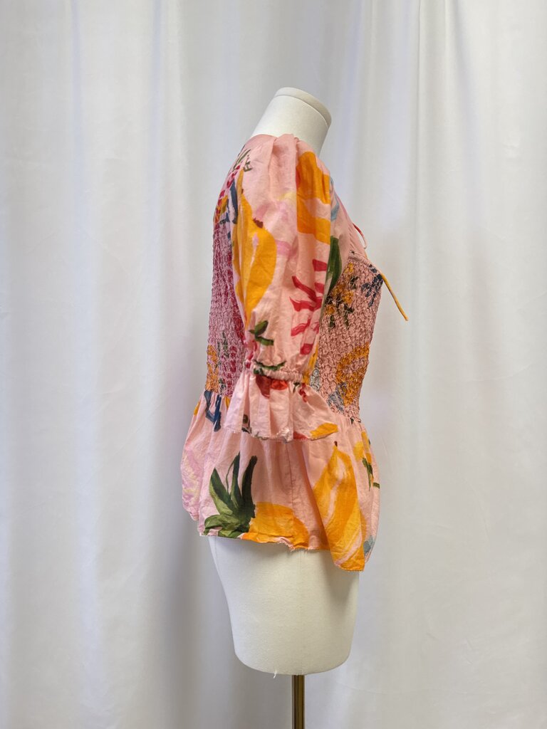 Farm Rio Pink Fruit Print Smocked Top