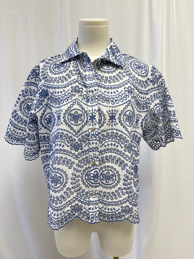 Misa Blue and White Eyelet Button Up NWT