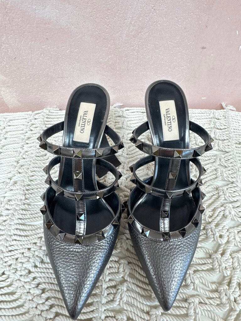 Valentino Gunmetal Grey Rockstud Mules w/Box