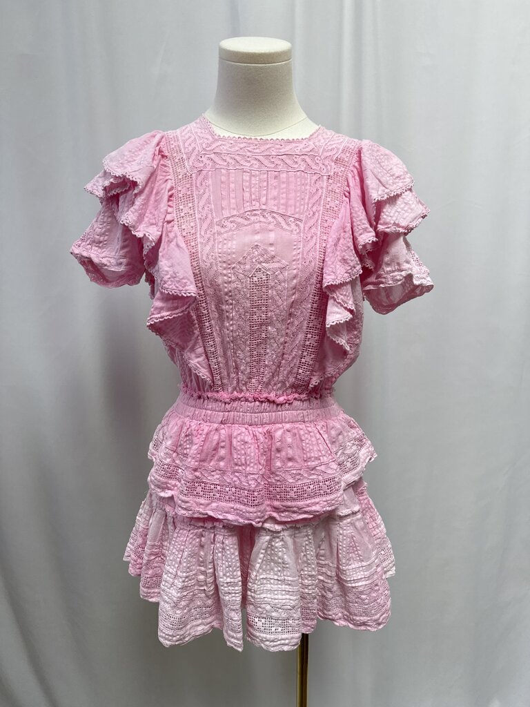 LoveShackFancy Pink Eyelet and Ruffle Mini Dres