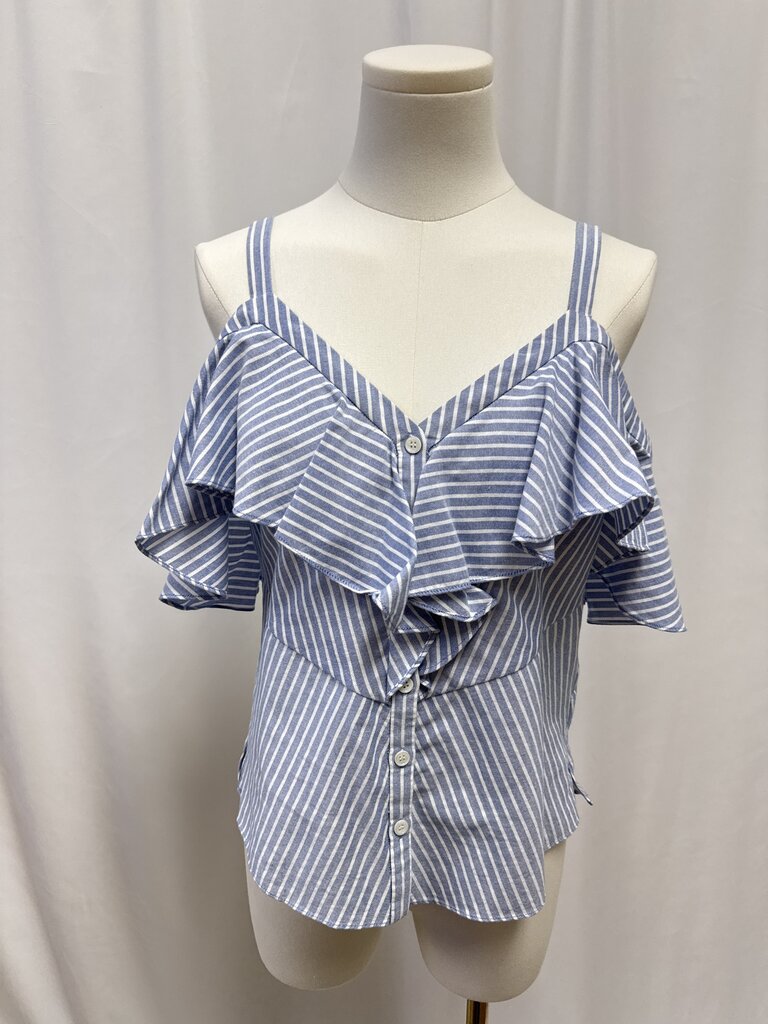 Veronica Beard Blue Striped Ruffle Tank