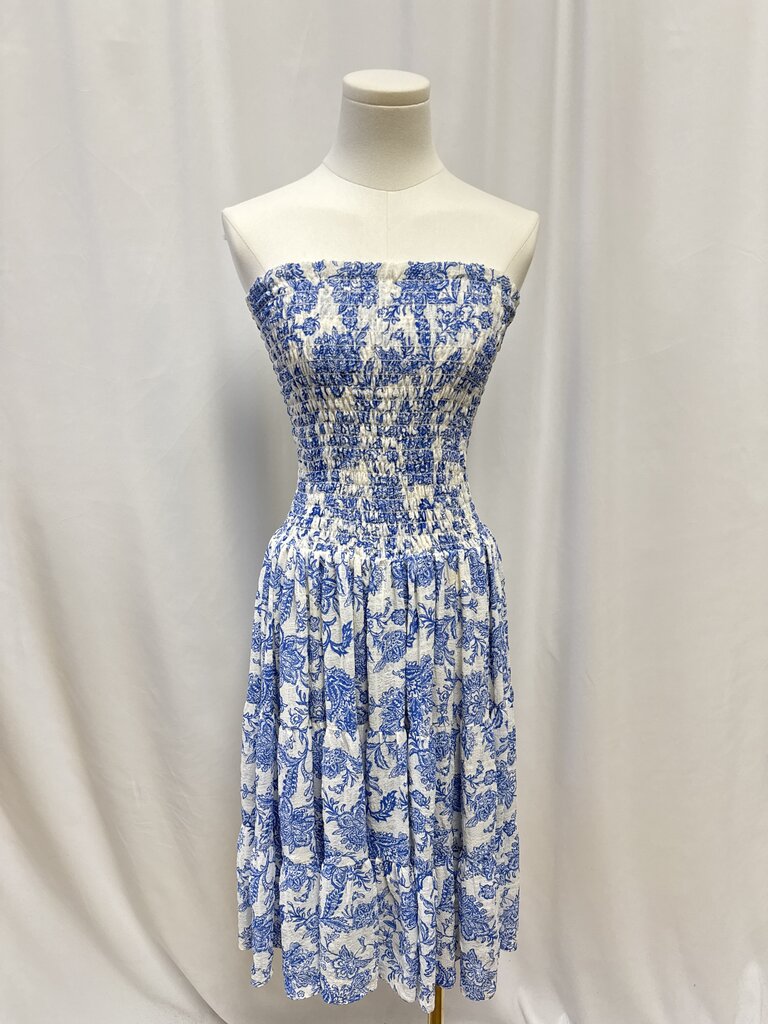 Misa Blue and White Floral Smocked Strapless Dress