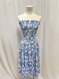 Misa Blue and White Floral Smocked Strapless Dress