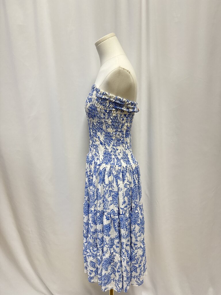 Misa Blue and White Floral Smocked Strapless Dress