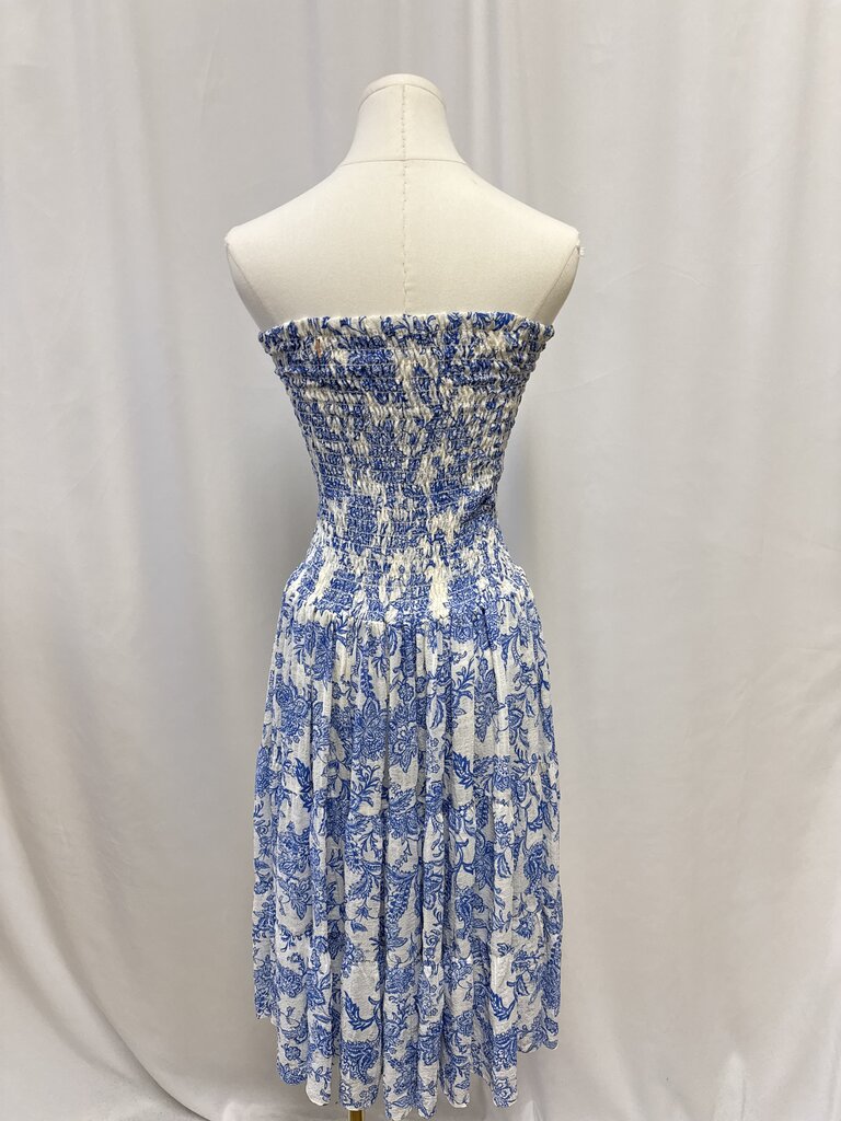 Misa Blue and White Floral Smocked Strapless Dress