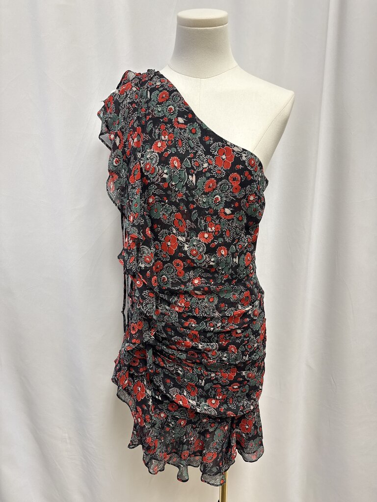 Veronica Bead Black Floral One Shoulder Ruched Dress NWT