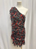 Veronica Bead Black Floral One Shoulder Ruched Dress NWT