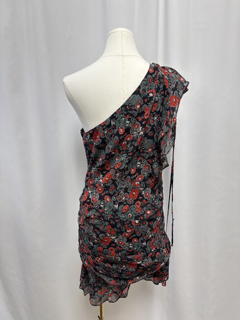 Veronica Bead Black Floral One Shoulder Ruched Dress NWT