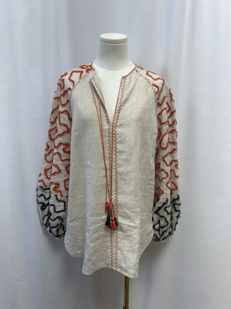 Silvia Tcherassi Tan Linen Embroidered Top