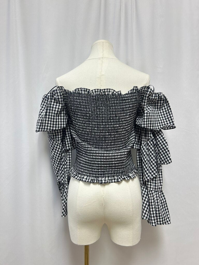 WAYF Black and White Gingham Off the Shoulder Smocked Top