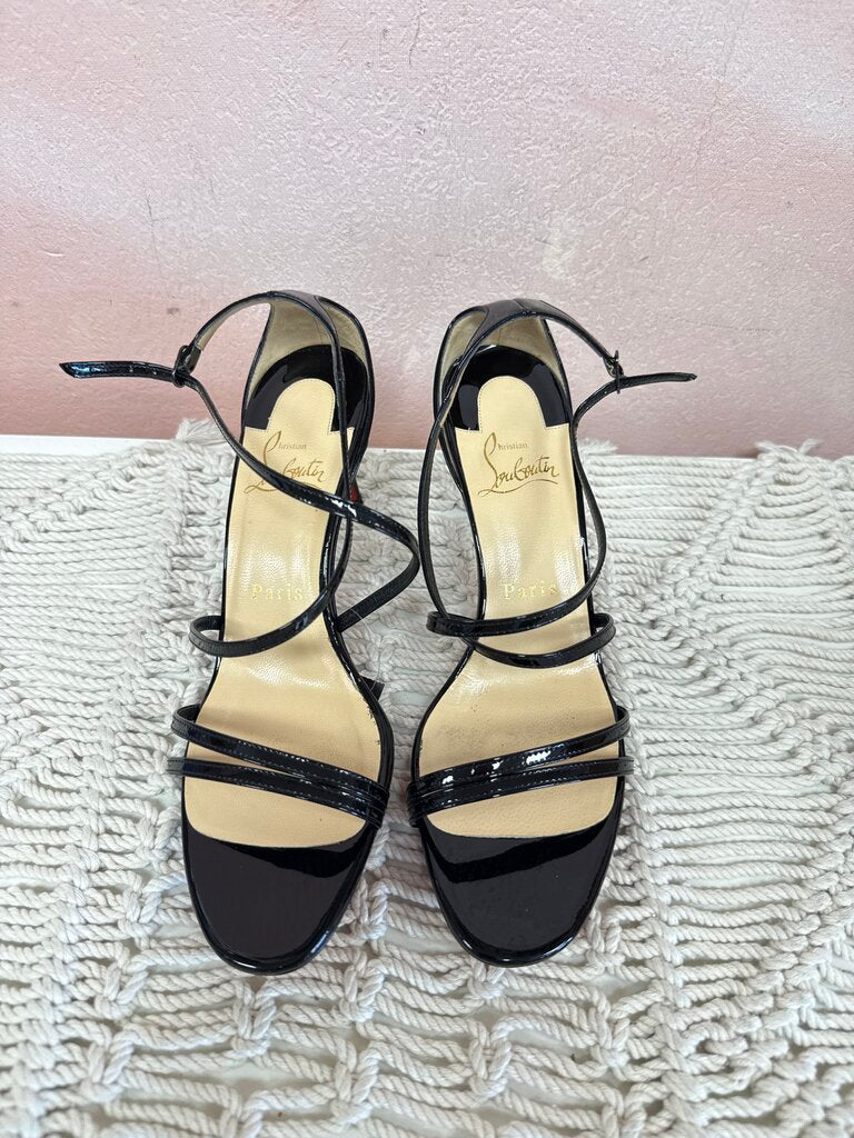 Louboutin Black Patent Strappy Kitten Heel w/Box