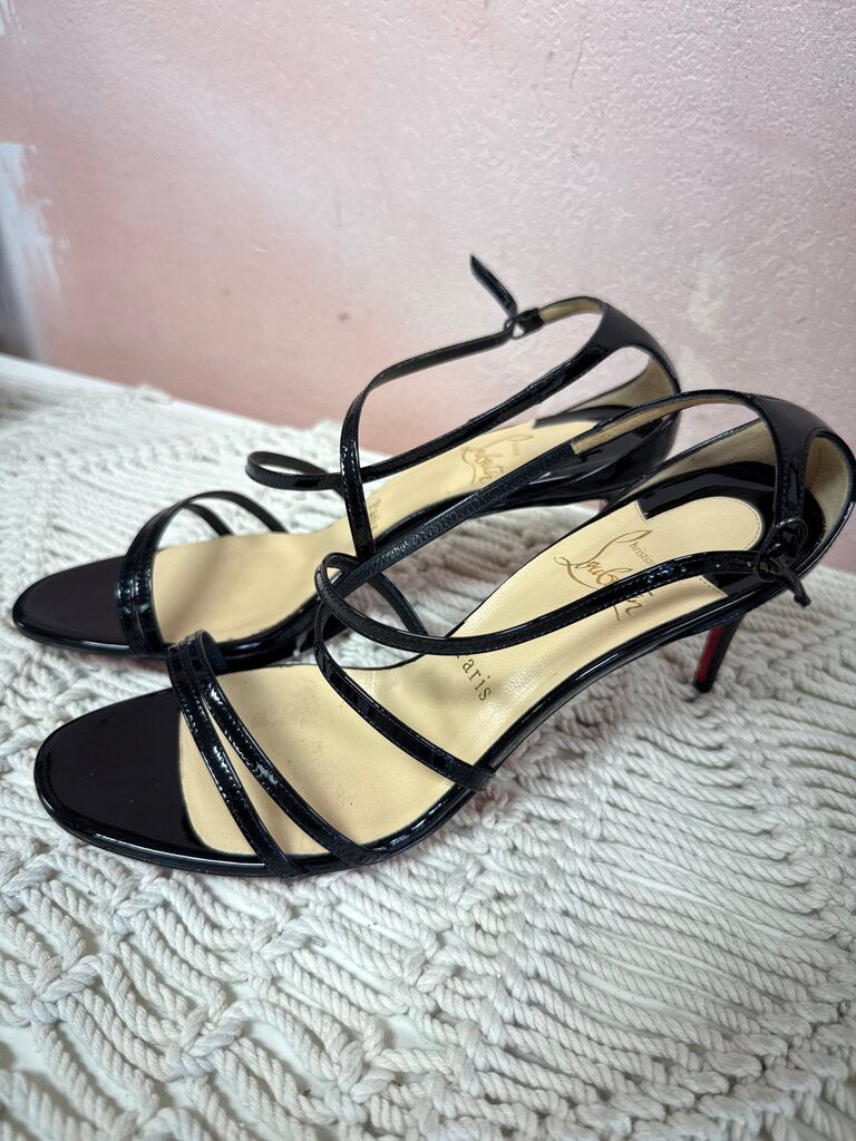 Louboutin Black Patent Strappy Kitten Heel w/Box