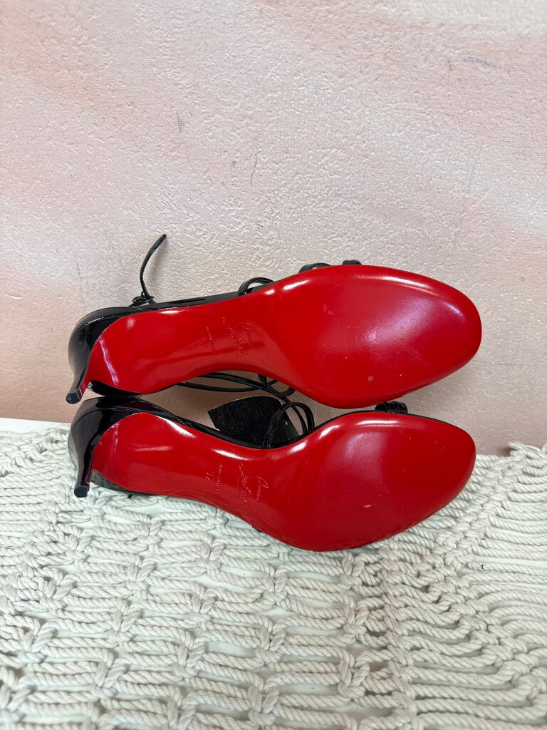 Louboutin Black Patent Strappy Kitten Heel w/Box