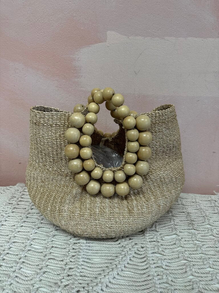 Aranaz Beige Raffia Beaded Handle Bag